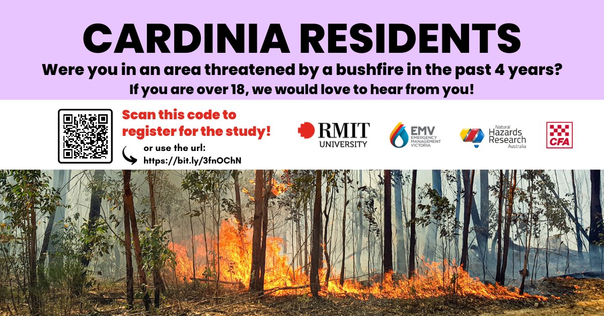 HazardsResearch's tweet image. Victoria, we need your input on #bushfire maps. If you live in @CardiniaShire &amp;amp; were affected by the 2019 Bunyip fire, we’d like to talk to learn more about how you use bushfire maps - spaces available 5-31 January, online or in person locally. Register naturalhazards.com.au/news-and-event…