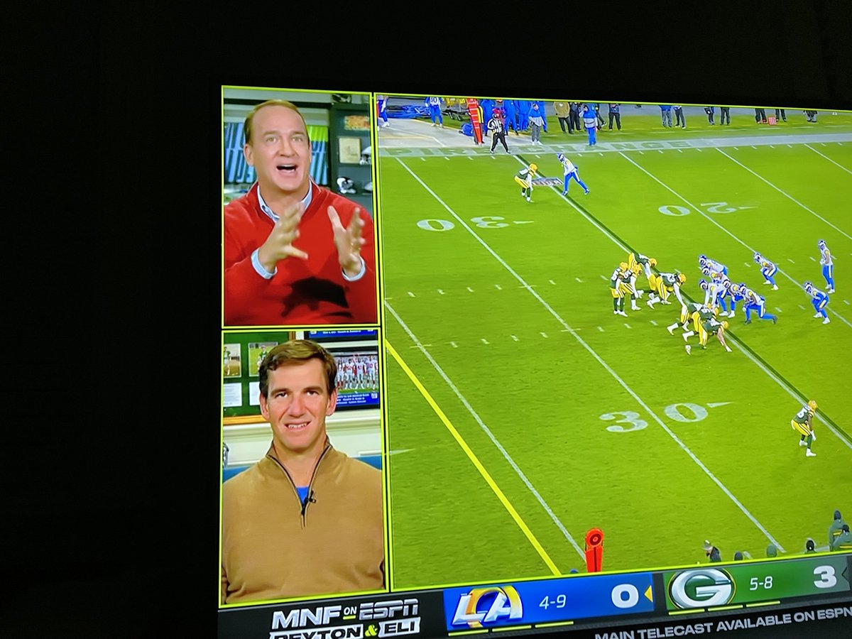 CulturalRights1's tweet photo. Peyton and Eli are TOO funny breaking down this Rams vs Packers game tonight on MNF!! #peytonandeli @peytonandeli @mnf @espn #ramsvspackers #peytonmanning #ManningCast https://t.co/75HlelMVgV
