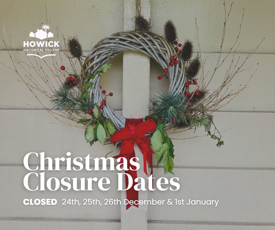 hhvmuseum's tweet photo. Meri Kirihemete! 🎄 The Howick Historical Village is closed 24th, 25th &amp; 26th of December, and the 1st of January.

We wish you a happy Christmas &amp; New Year! We can't wait to kick off 2023 with our Victorian Summer Picnic LIVE DAY on 8th January, 10am-4pm! 🥳 https://t.co/m4oUUjbkvR