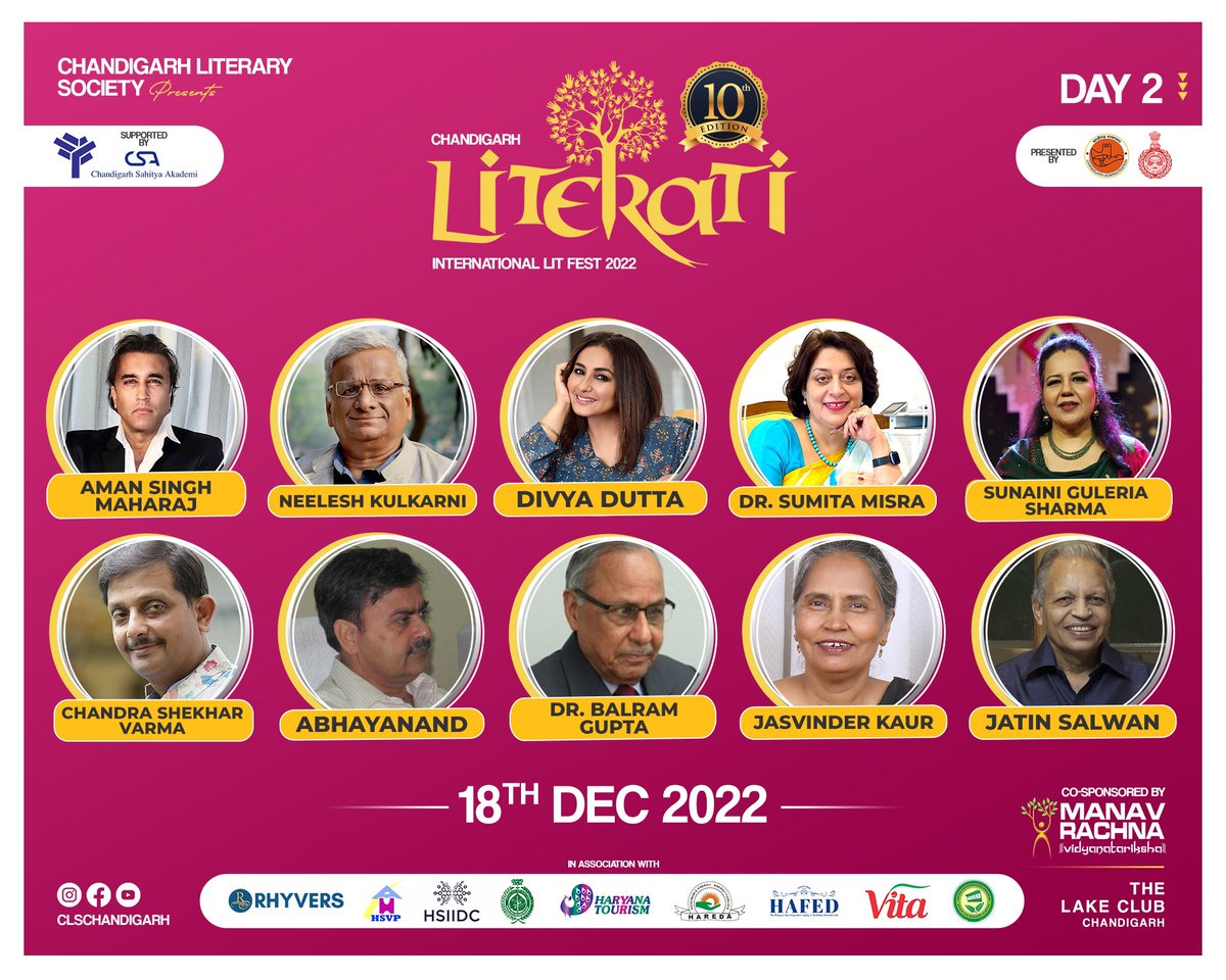 Speakers who made the 10th Edition of Literati a resounding success! 

#clschandigarh #literati2022 #litfest #ChandigarhLitFest #Chandigarh #LiteraryFest #Litfest #chandigarhliterarysociety #chandigarhlakeclub #10yearsofexcellence #10yearsofliterati