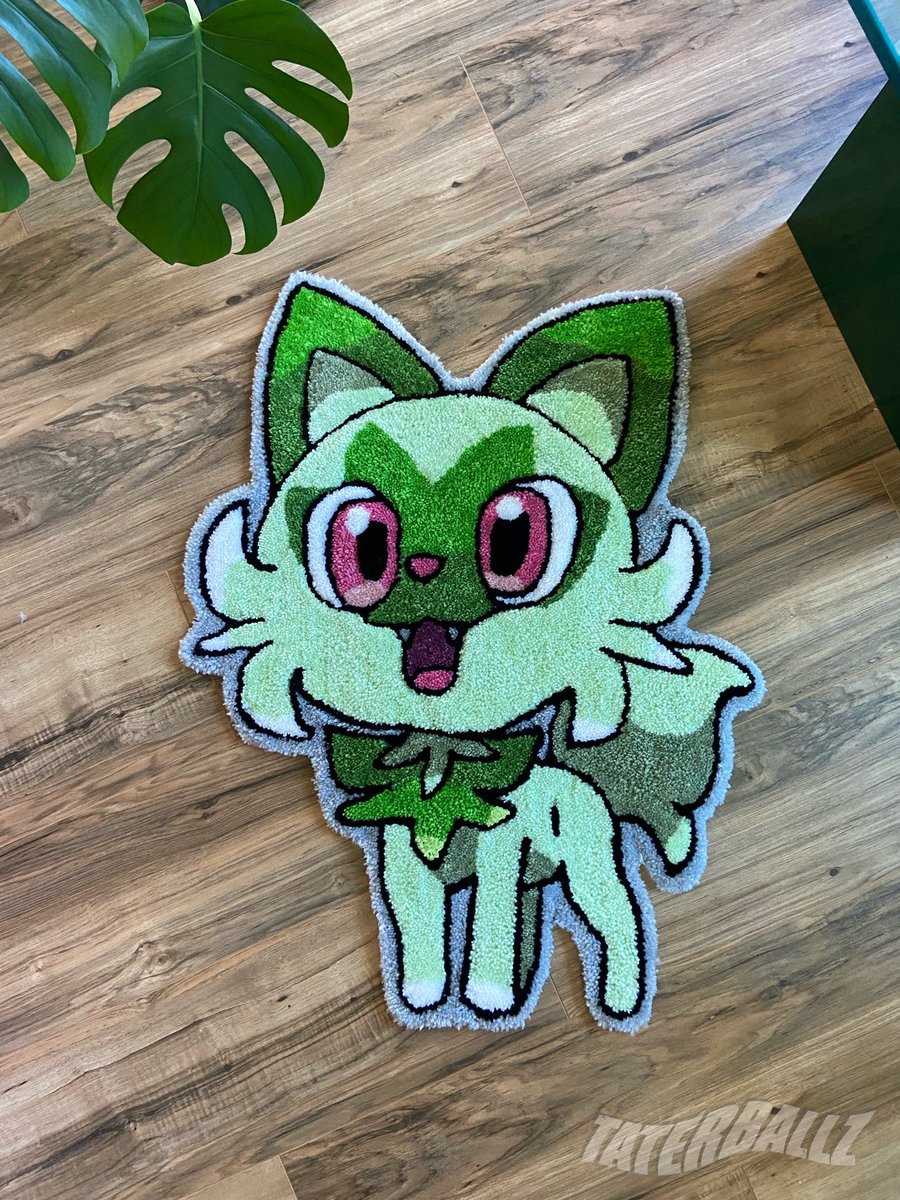 TaterBallz's tweet photo. GIVEAWAY!! 

we are giving away a Sprigatito accent rug 💚 

—how to enter—
🌱follow BOTH @TaterBallz  &amp; @Mook_World  

🌱retweet this tweet  

🌱tag 4 people below  

✨for extra entries, follow us on instagram and comment your favorite Pokémon starter below 💚 https://t.co/PRrkRipaGF