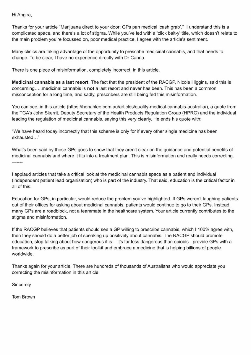 Reporting on #medicinalcannabis (dailytelegraph.com.au/news/nsw/quest…) can be positive when true. People should know about clinics taking advantage. But MC IS NOT a last resort. We need better, safer access, not misinformation &amp; stigma. <a href="/AngiraB_/">Angira Bharadwaj</a> <a href="/dailytelegraph/">The Daily Telegraph</a> <a href="/RACGP/">RACGP</a> please correct this.