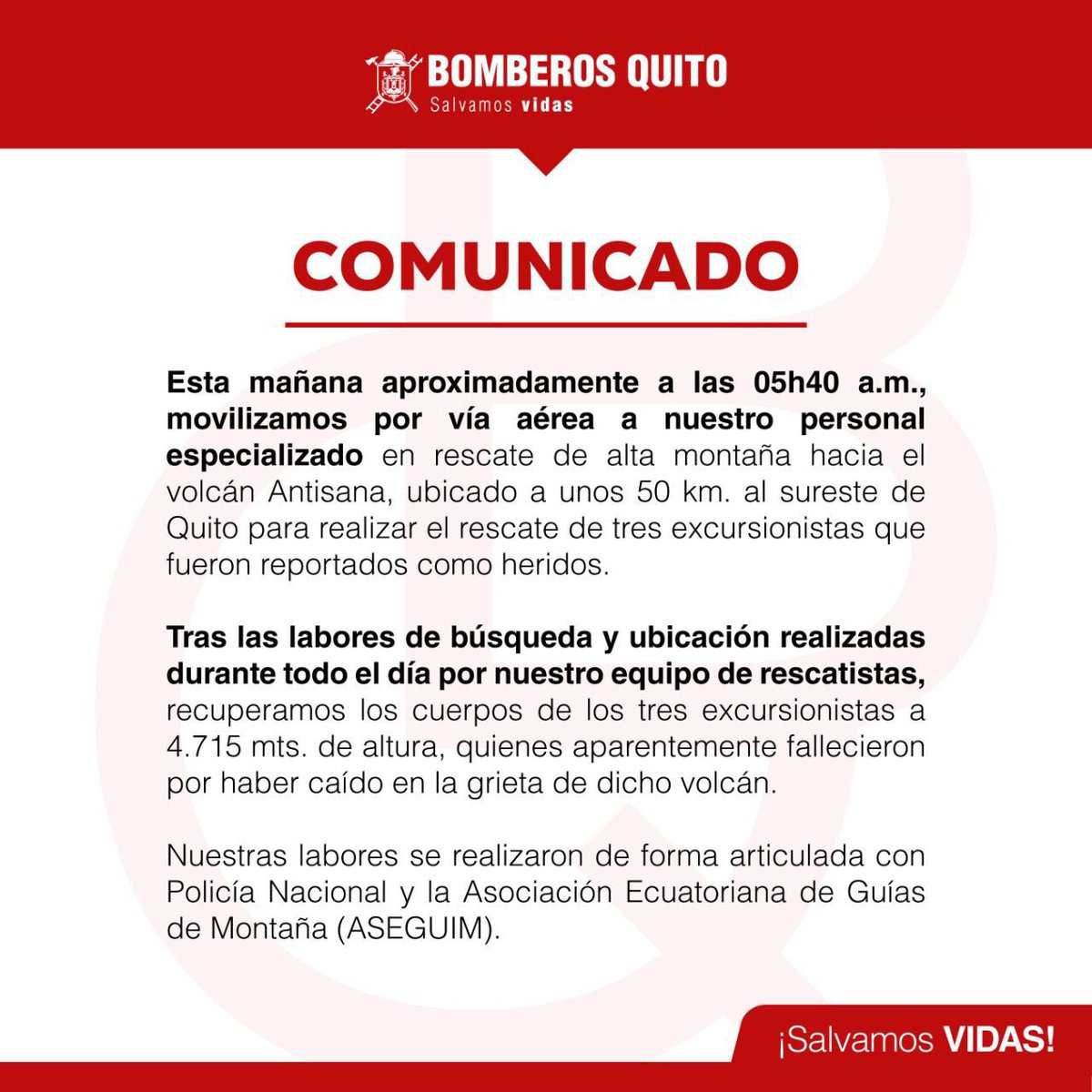 ptierragrande's tweet photo. 🔴 ATENCIÓN #TierraGrandeInforma | 3 personas fallecieron en El Antisana. 

Los montañistas fallecieron luego de caer a una grieta del volcán, en el grupo estaban dos adultos y una niña de 10 años. https://t.co/ZxwaKctvEn