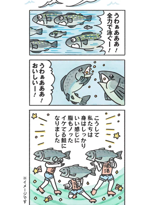 😋日に日にコープ更新!
🐟119. 環境にも魚にもやさしい「境港サーモン」

縦スクなので今回は一部、絵巻物の効果を試してみました。「フィッシュポンプ(魚の移動や水揚げ時に使われる極太パイプ)」楽しく描けました。見てみてね。
https://t.co/rGdQGSLLgF

#コープ #漫画が読めるハッシュタグ 