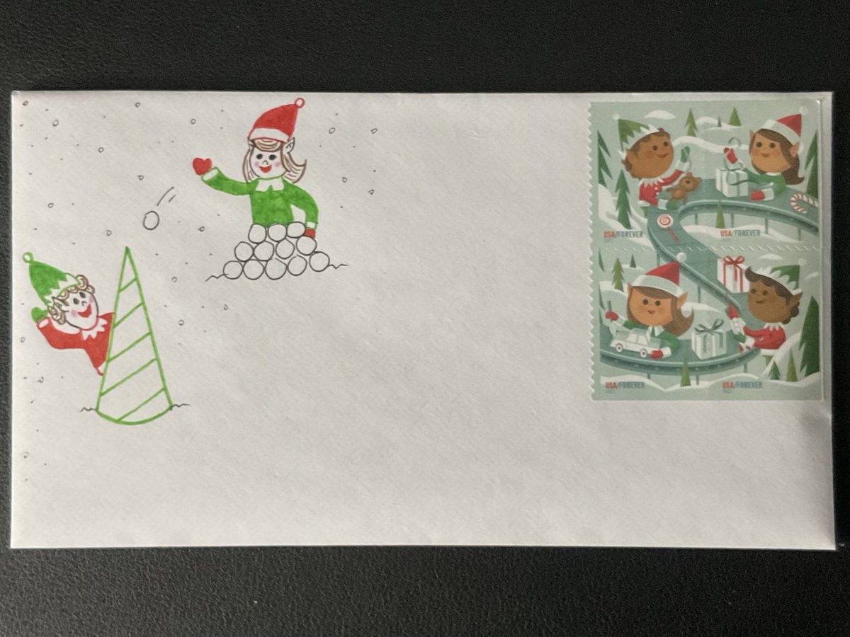 turngren_phila's tweet photo. My wife likes to make her own greeting cards.  I know someone who wanted a cover with the new elves stamps…I thought it would be fun to tell my wife what a cachet is and see if she would be interested in making one.

I think she did a fantastic job.

#philately #cachetcover https://t.co/cPFo6L2KjV