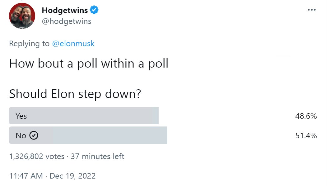 LPinchie's tweet photo. @ChrisBadenhors7 @hodgetwins @elonmusk Probably the system sent the poll to their followers first, so it'd take longer to propagate to non-followers. https://t.co/fubGp6YqNa