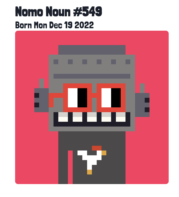 Hey <a href="/StoopidBuddy/">Stoopid Buddy</a> we tried SO hard to FOMO you this literal Robot Chicken on <a href="/nonsdao/">Nouns</a> Noun O' Clock LIVE tn, but we missed it by a second 😭

BUT, alas, we WERE able to rescue it as today's <a href="/nomonouns/">nomo nouns</a>! 

Send wallet &amp; we will send 1 edition over 🤖🐔

cc <a href="/punk4156/">4156</a> <a href="/lastpunk9999/">9999.⌐◨-◨</a>