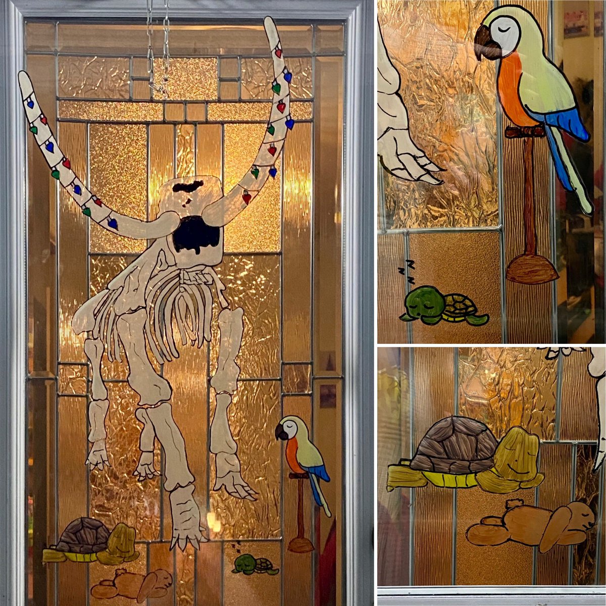 berducky's tweet photo. Sneaking in a late #mastodonmonday post - Christmas Night at the Museum!

#windowart #windowpainting #christmas #mastodon #merlinmacaw #squishy #fossilizedpaintedturtlehatchling #gusthetortoise #foundbunny #museumsorbust #fairview #novascotia @NS_Museum @MNH_Naturalists @ns_mma https://t.co/dbMs9s0zgw