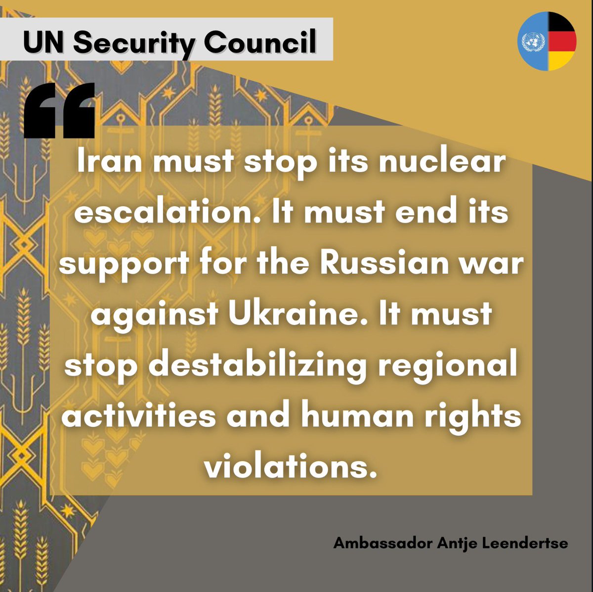 It is not too late to change the current trajectory.

Today, 🇩🇪Amb. Leendertse addressed the UN Security Council in support of resolution 2231 on #nonproliferation #JCPOA and the current situation in #Iran. 

Full statement: new-york-un.diplo.de/un-en/news-cor…