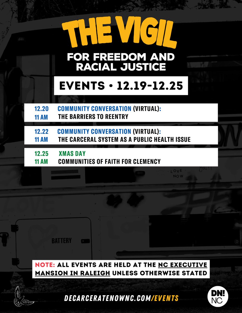 decarceratenow1's tweet photo. Here is this week's Vigil event list. We will be standing in vigil everyday from 11AM - 4 PM outside @NC_Governor's mansion in Raleigh. Come join us! https://t.co/jVADqVZWWh