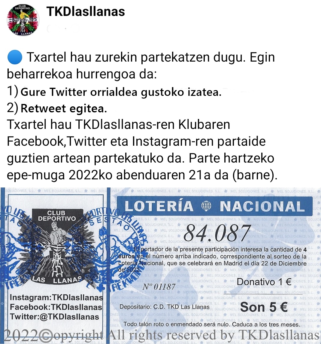 TKDlasllanas's tweet photo. 🔵 DOHAKO ZOZKETA ! (Argazkia irakurri).
🔵 ¡ SORTEO GRATUITO ! (Leer foto). https://t.co/TFweBCA3us