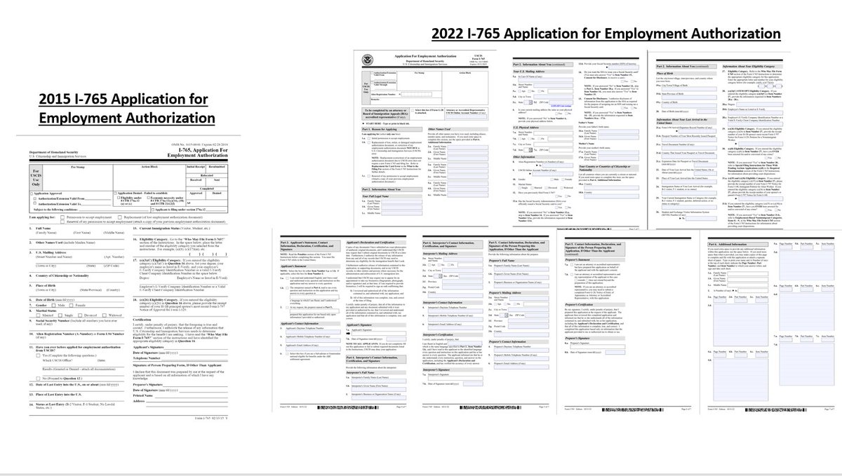 ReichlinMelnick's tweet photo. On the left, the work permit application from when I last practiced in 2016. On the right, the current application.

Relatedly, one "fun" little trick the Trump people at USCIS did was require you to hand-write "N/A" in EVERY empty box or they'd deny your application. 🙃 https://t.co/VdUx37ZUJo