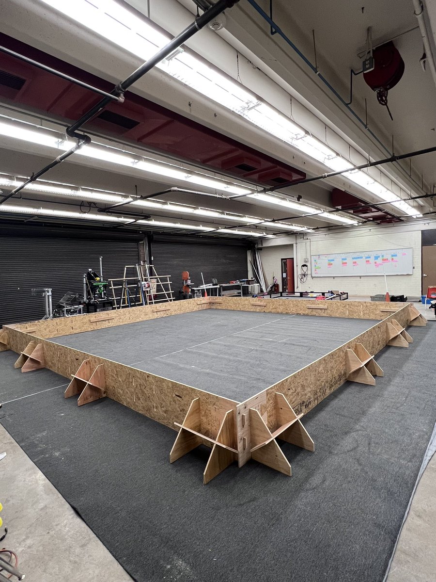 Student-designed 1/2 field is set up and ready to go for <a href="/FRCTeams/">FIRST Robotics Competition</a> kickoff!  Can’t wait for #ChargedUp 
Thanks to our school admin who have prioritized engineering space for our team!
