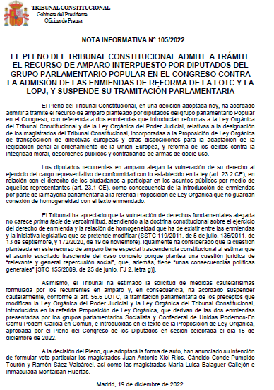 JpDemocracia's tweet photo. 🔴El @TConstitucionE suspende cautelarmente la tramitación de un proyecto de ley del Parlamento
➡️Cinco magistrados se oponen y anuncian voto particular https://t.co/hTgqk6jkoB