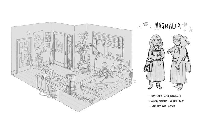 workin on some stuff for the folio :J 
this is magnalia and her bedroom! 🐉 