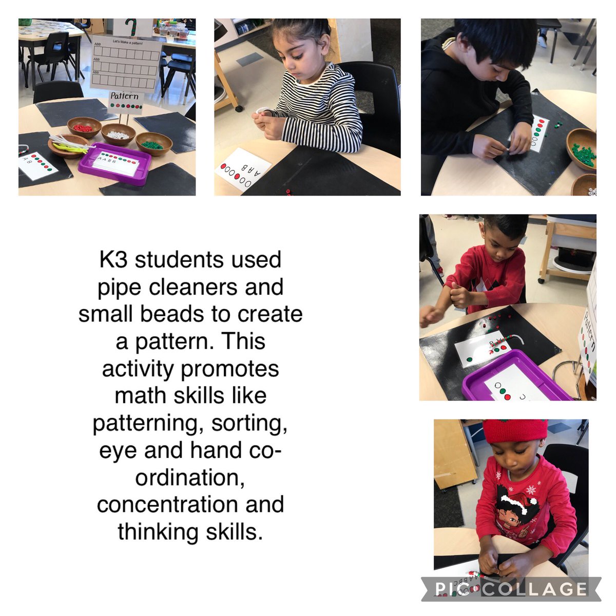 Our students using pipe cleaners to make candy cane patterns.