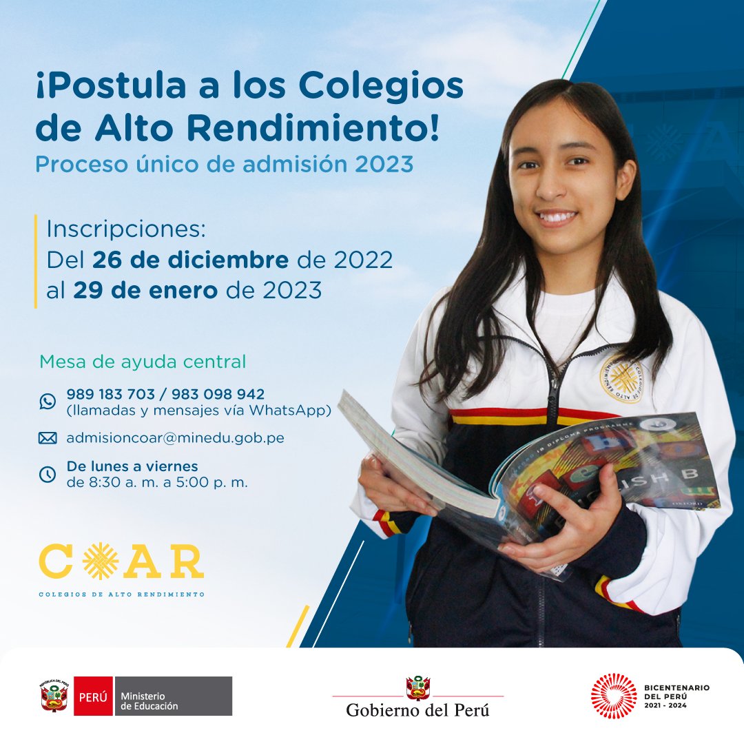 MineduPeru's tweet photo. Mediante Resolución Viceministerial N.° 161-2022-MINEDU, se han aprobado las bases para el proceso único de admisión (PUA) 2023 a los Colegios de Alto Rendimiento. Más información en el siguiente enlace: https://t.co/HUjVKImKZs. https://t.co/Dix9pCOGyW