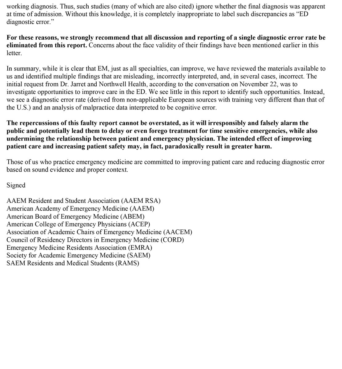 EmergencyDocs's tweet photo. [3/8] Together we warned about the public health danger of the report: "The repercussions of this faulty report cannot be overstated, as it will irresponsibly and falsely alarm the public and potentially lead them to delay or even forego treatment for time sensitive emergencies." https://t.co/JSwmyanHZG