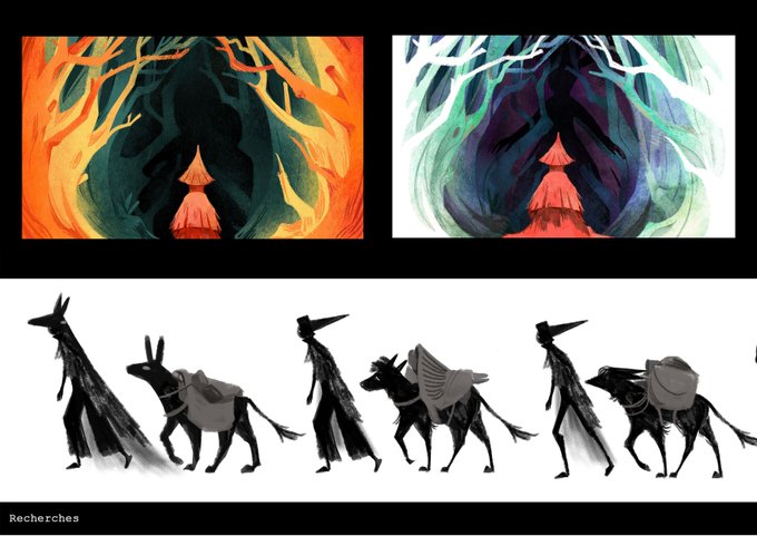 More researches here. I sometimes miss this era of my art, I feel like I was more experimental. I tried a lot of different stuff.
Truth to be told it was also because at the time I didn't really know how to draw BGs, so I was limited my skills and focused on a paper cut style 