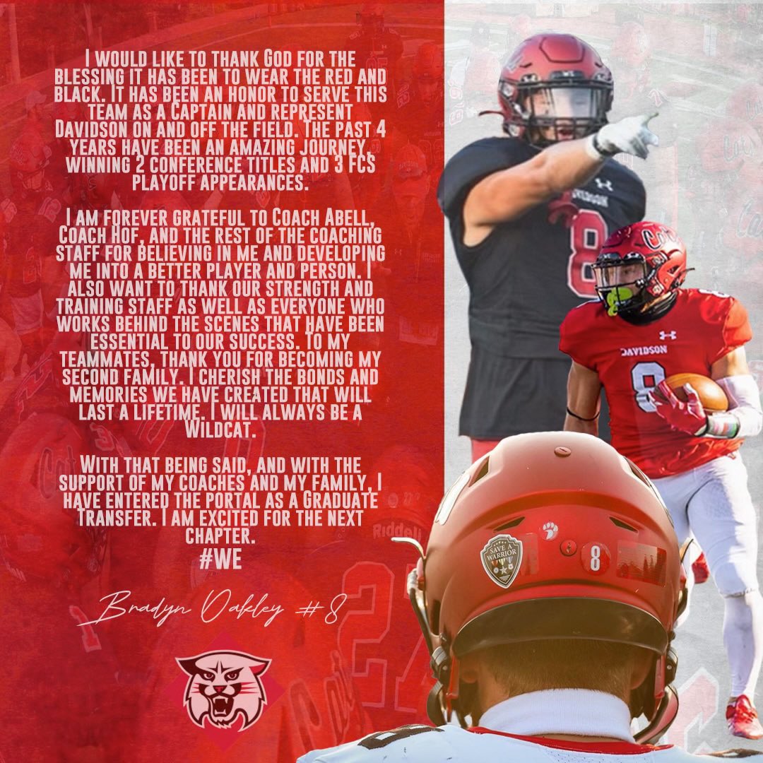 bboakley8's tweet photo. I have officially entered the transfer portal as a GRADUATE TRANSFER. Thank you Davidson for an amazing four years. #WE https://t.co/nF1NvGrsRF
