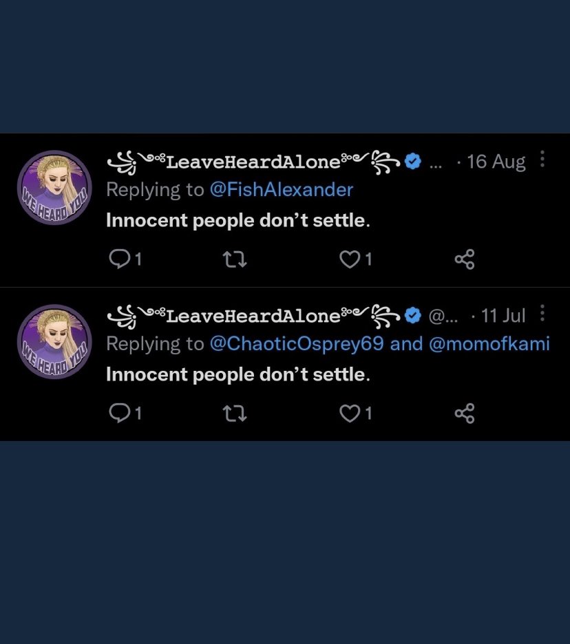 ThatUmbrella's tweet photo. "Innocent people don't settle." - Amber Heard simps.

Annnd she settled. Bwahahahahahahaha!! https://t.co/Pi3DDtN5CY
