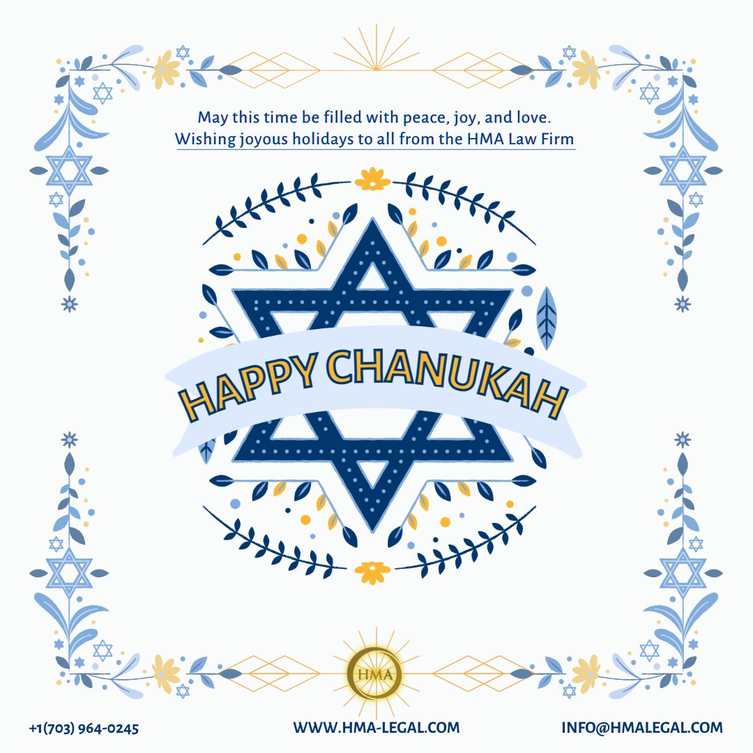 HMALawFirm's tweet photo. Wishing you all love, joy and much light in all of your happiest and most turbulent moments. May we all see the miracles that life has to offer--big or small
Contact us!
📞: +1(703) 964-0245
✉️: info@hmalegal.com
🌐: https://t.co/BlLAUMGO27
#happyholidays #hanukkah #TheHMALawFirm https://t.co/5XLCVezXUC