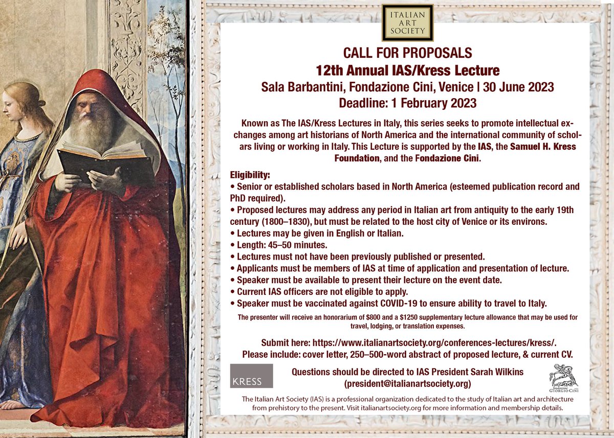 The 12th Annual <a href="/italianArtSoc/">ItalianArtSociety</a> /Kress Lecture in Italy will be held June 30 at the Fondazione Cini in Venice. Venice specialists, please apply! Deadline for CFP is Feb. 1. #italianartsociety #venice #kress #fondazionecini #cfp