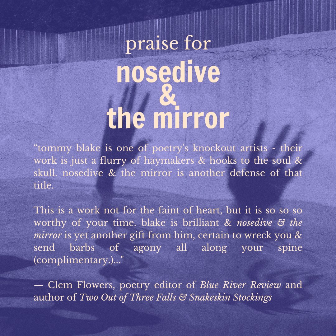 tommywyattblake's tweet photo. surprise book launch! it's digital only, memoir, $0+, &amp; please consider tipping. check out the carousel post to learn more about "nosedive &amp; the mirror".

thank you to @persephonesmag @ardentlywritten @clem_flowers for everything.

find it here: https://t.co/2KMwtRd1FO https://t.co/XzOgcFcYby