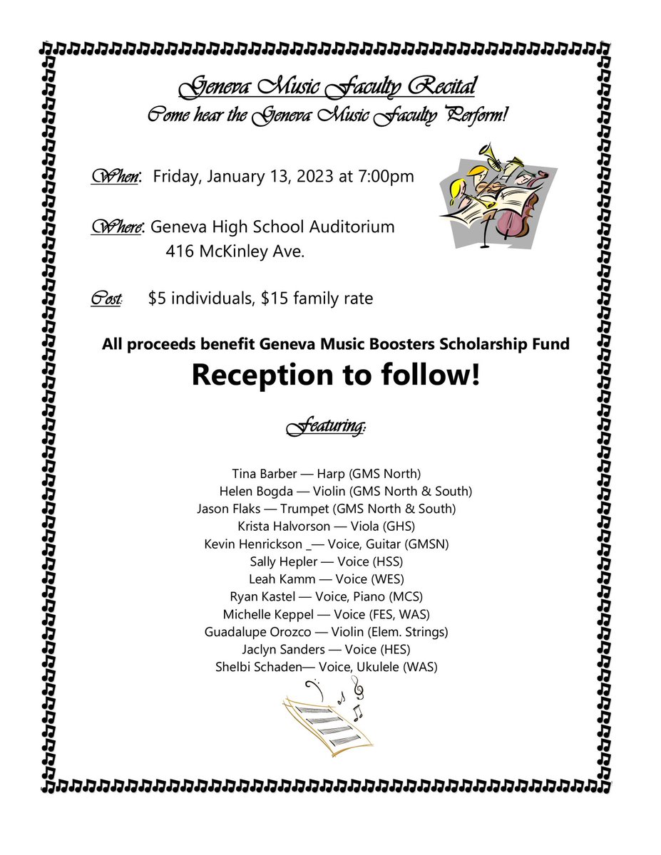 support304music's tweet photo. Mark you calendars for this fun night of music! Your Geneva teachers and directors will show off their beautiful music for one night only! Entry cost benefits the Geneva Music Boosters Scholarahip fund. https://t.co/GoNLtPg4rU