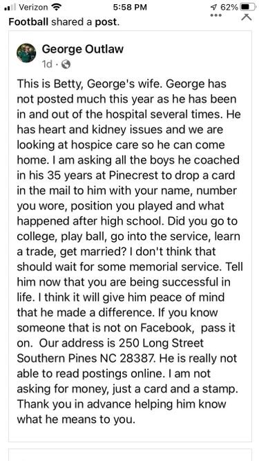 PCoachMetzger's tweet photo. Calling all former Pinecrest Football Program members please read this message from Coach Outlaws wife. Please lift him up in prayer and also drop him a letter of encouragement in this time of need for him and his family. Please pass this on to other members of our FAMILY. https://t.co/25yGrVu0pN