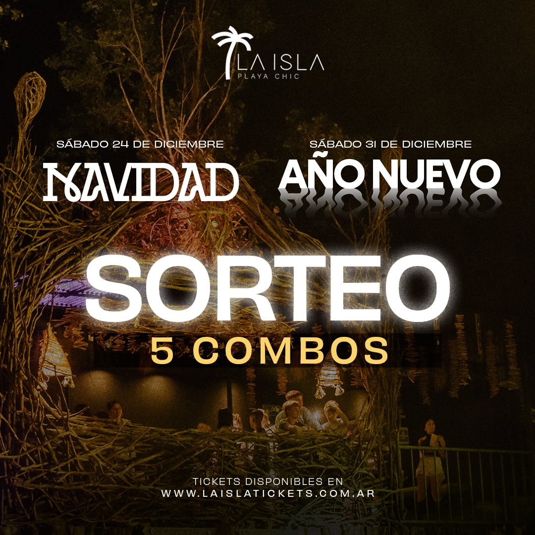 ¡Sorteo #Navidad y #AñoNuevo en el lago más lindo de la provincia! 🤩🌴🌅

Retuiteá, seguinos y ya estas participando 🫱🏾‍🫲🏻

Estas fiestas no hay más lindo que amanecer bailando en la playa 🏖️

laislatickets.com.ar
