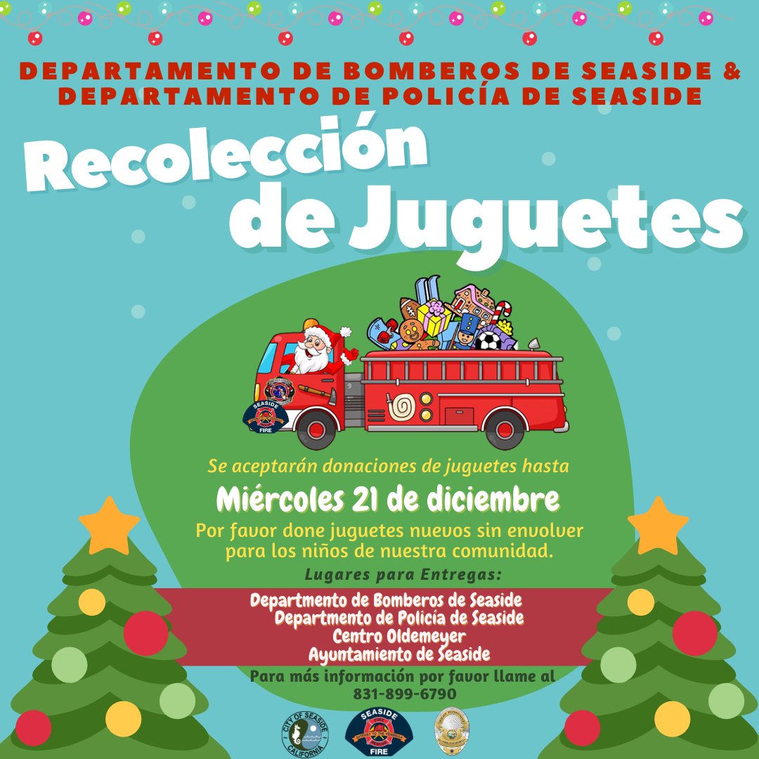SeasideCreates's tweet photo. Seaside FD &amp; Seaside PD invite you to participate in their Christmas Toy Drive!

Please donate new, unwrapped toys for local children in our community.  Donations will be accepted at various City offices through Wed, Dec 21st!

For more information, please call: 831-899-6790. https://t.co/KjuXnnWouc