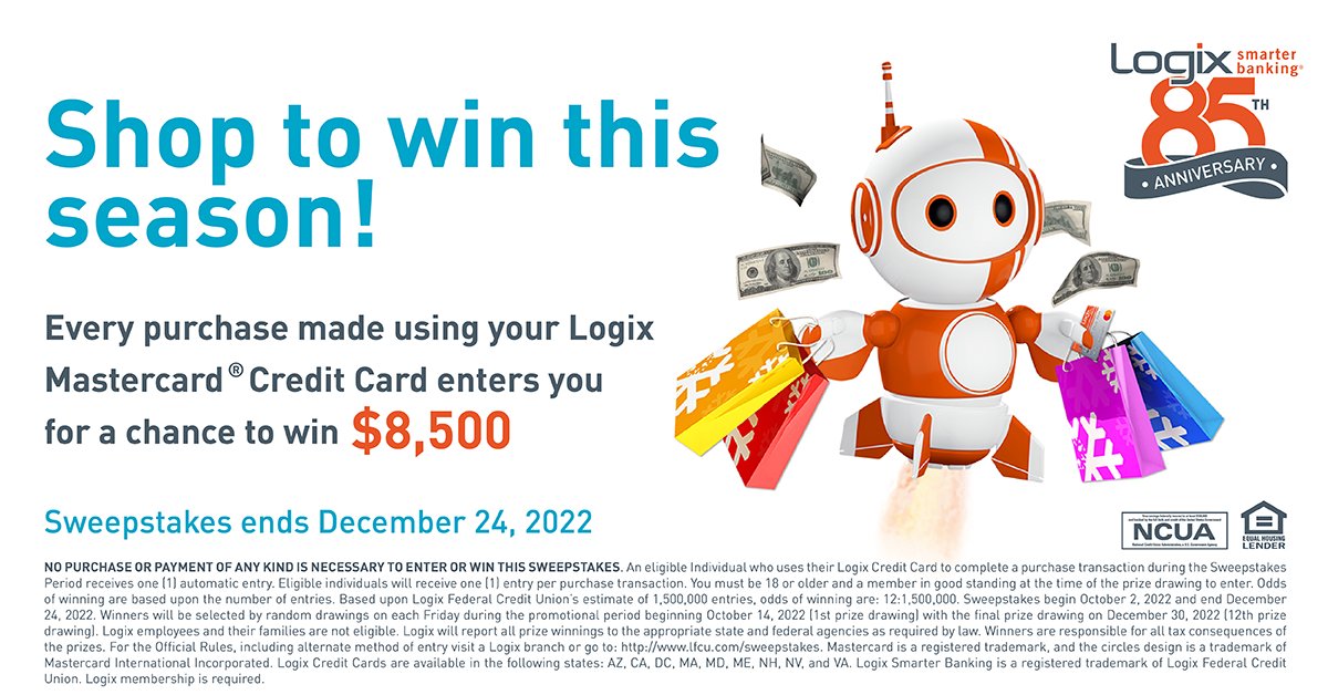 LogixFCU's tweet photo. Celebrate 🧡 #85yearsofLFCU with a chance to win $8,500 this holiday season!

Through Dec. 24th, 2022, every purchase made using your #Logix 💳 Mastercard® Credit Card gives you a chance to win 🤑 BIG.

For more info 👉 https://t.co/F7mkdjbvJg https://t.co/bVB2oaPGEV