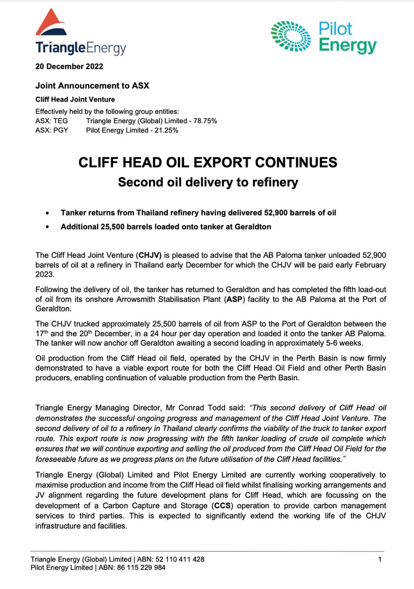 Pilot Energy Limited (@pilot_energyltd) on Twitter photo The Cliff Head JV is pleased to advise that the second #oil delivery of 52,900 barrels has been unloaded at the refinery in Thailand. 
#ASX update 👉 bit.ly/3WcpCKP
<a href="/Triangle_Energy/">Triangle Energy</a> $TEG <a href="/Pilot_EnergyLtd/">Pilot Energy Limited</a> $PGY #export The Cliff Head JV is pleased to advise that the second #oil delivery of 52,900 barrels has been unloaded at the refinery in Thailand. 
#ASX update 👉 bit.ly/3WcpCKP
<a href="/Triangle_Energy/">Triangle Energy</a> $TEG <a href="/Pilot_EnergyLtd/">Pilot Energy Limited</a> $PGY #export
