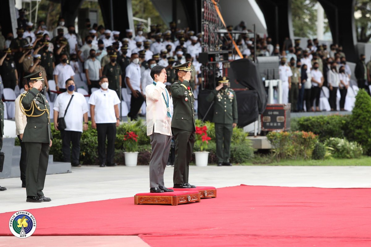 TeamAFP's tweet photo. The AFP led by the Chief of Staff LtGen Bartolome Vicente O Bacarro rendered full military honors to President Ferdinand R. Marcos Jr. upon his arrival at the Lapu-Lapu Grandstand in Camp Aguinaldo for the 87th AFP anniversary rites on December 19.
#AFPyoucanTRUST
#AFPat87 https://t.co/6YRpW30DNw