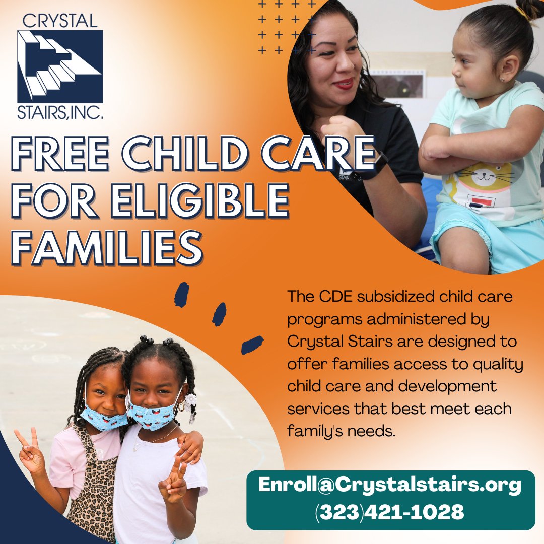 CrystalStairsLA's tweet photo. Are you in need of free or reduced child care services? Call (323)421-1028 or email Enroll@Crystalstairs.org to find out if you might be eligible for child care aid. #FreeChildCare #QualityECE #ChildCare https://t.co/MfGcTCoWjk