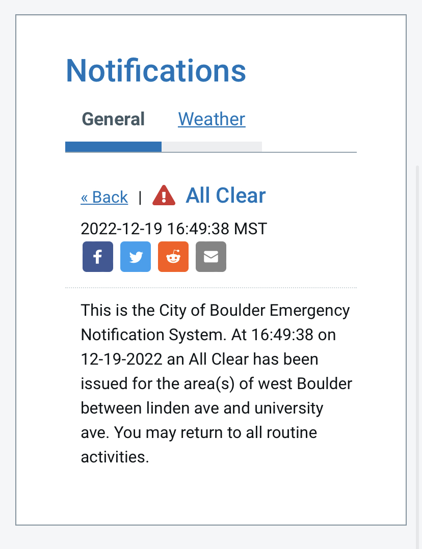 BoulderRL's tweet photo. An "All Clear" has been issued for West Boulder between Linden Avenue and University Avenue. No parts of the City of Boulder are under an evacuation warning currently. #sunshinewildlandfire --> https://t.co/t3YP9p68FO https://t.co/6Z2SxDQbA6