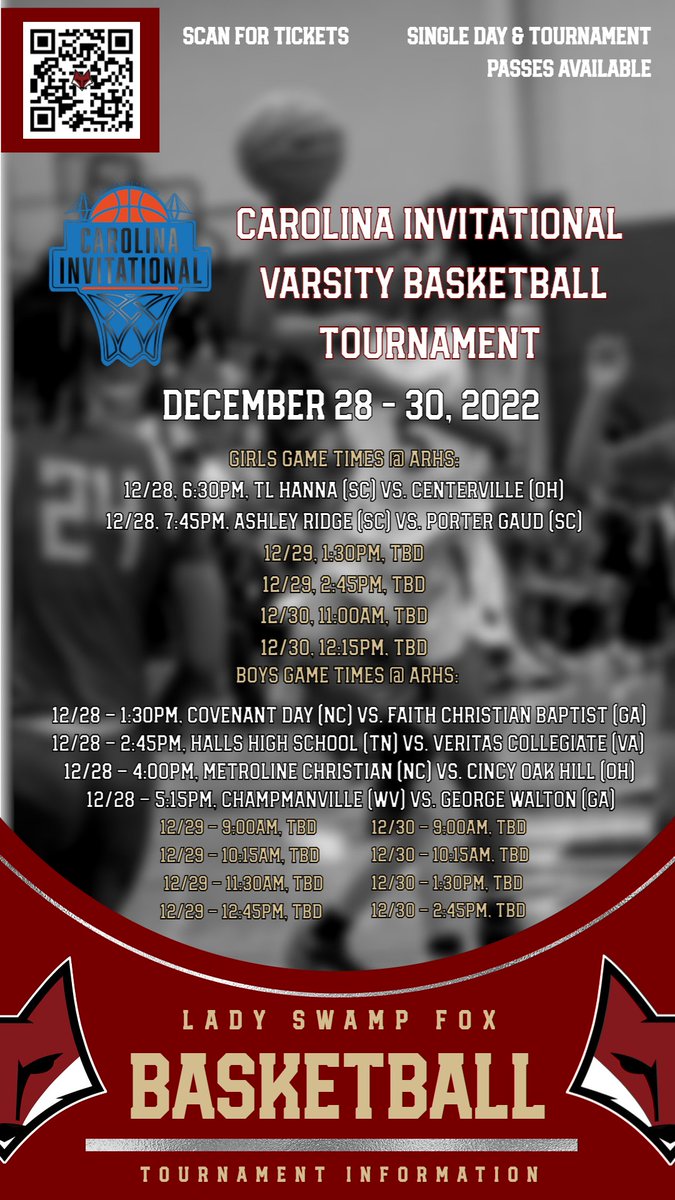 Upcoming Schedule for the 2022 Carolina Invitational games at Ashley Ridge.