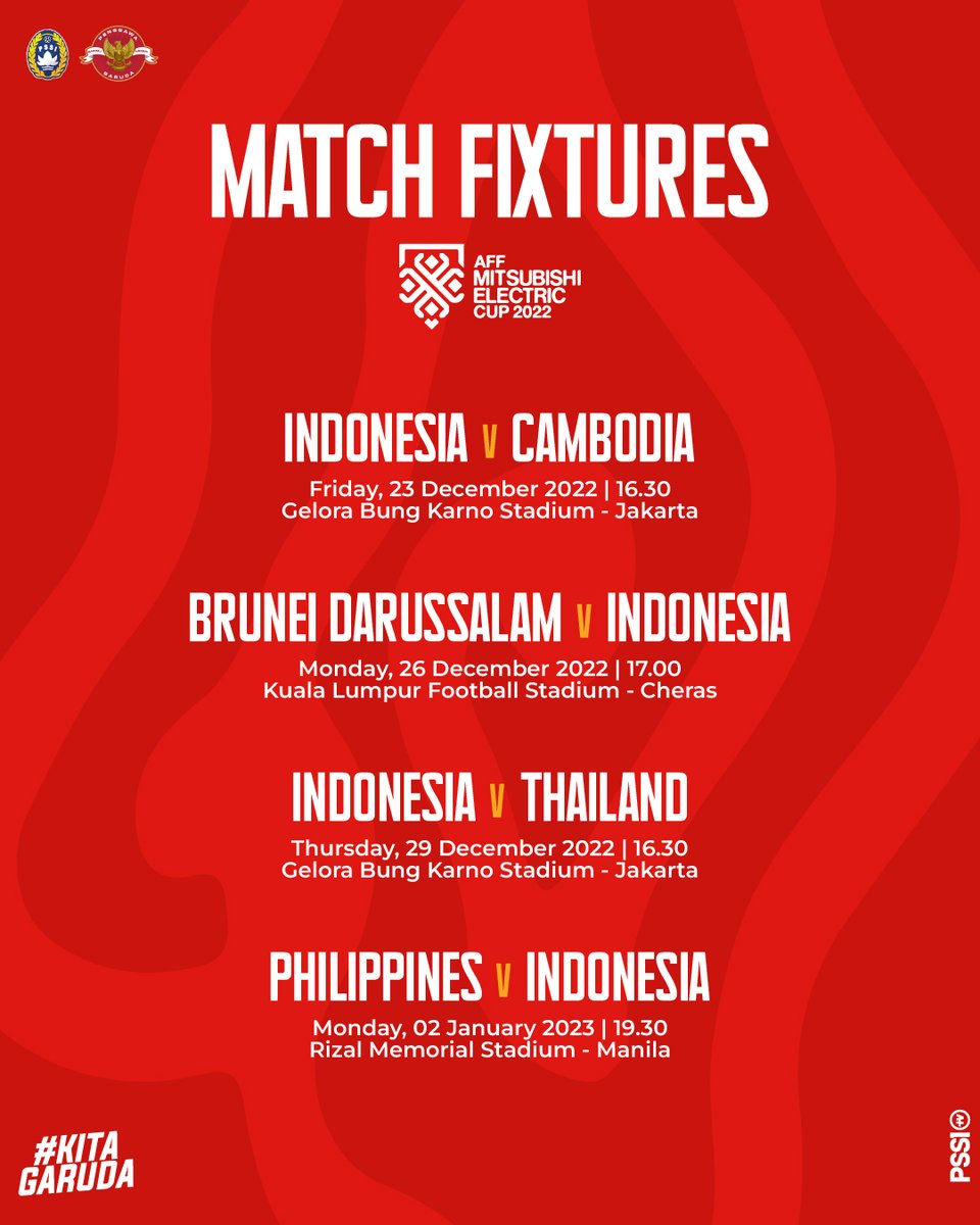 PSSI's tweet photo. Perjuangan Timnas Indonesia pada gelaran Piala AFF 2022 akan dimulai pekan ini. 🔥

🎟 Dapatkan tiket pertandingan Home hanya di website https://t.co/6kXGCJxBnH

#KitaGaruda #MeraihImpian https://t.co/BRYkeWL9wF