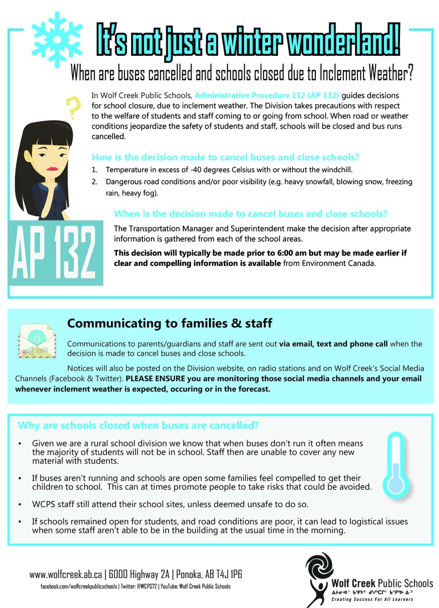 Due to continued forecasted temperatures (including wind chills) colder than -40 C throughout the school division, in accordance with our Inclement Weather procedure AP:132, ALL Wolf Creek Public Schools' buses are cancelled and schools closed for Tuesday, December 20, 2022.