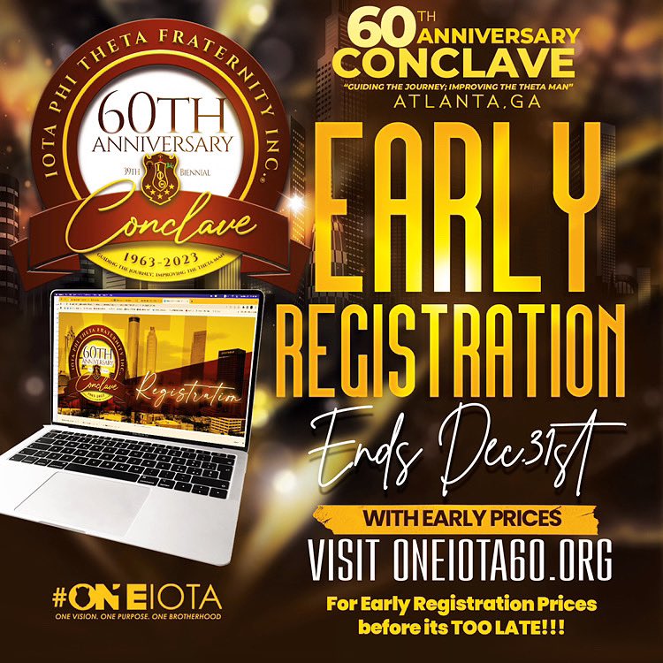 IPT1963's tweet photo. The 39th Biennial and 60th Anniversary Conclave is right around the corner! It is time to celebrate 60 years of this amazing Brotherhood, and we want to see you there!
Early registration ends December 31.
#BeThatMan #iotaphitheta #Ipt1963 #conclaveready https://t.co/nvK5yXZ888