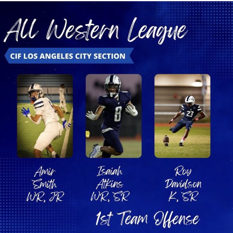 FootballVenice's tweet image. All Western League 
1st Team Offense

More Debuts
@thatkid_amiirrr 
23 Touches | 441 Total Yards | 4 TDs
15 Tackles | 2 Tackles for Loss 
4 Pass Deflections | 1 FF

@1saiahatkins 
33 Touches | 344 Total Yards | 5 TDs
33 Tackles | 5 Pass Deflections | 2 FR

@Offical_Rjj 
29 PATs