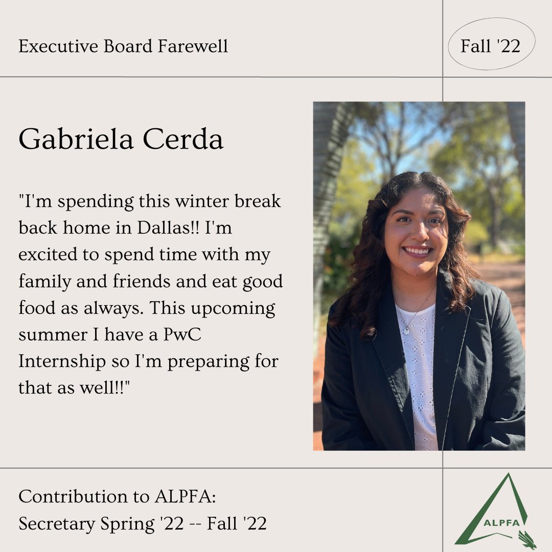 Thank you, Gabriela, for everything you’ve done as ALPFA’s Secretary since spring of 2022!! We appreciate your consistent enthusiasm and love for ALPFA. 

#alpfa #alpfamilia #students #alpfaunt #unt #professionals #untbusiness