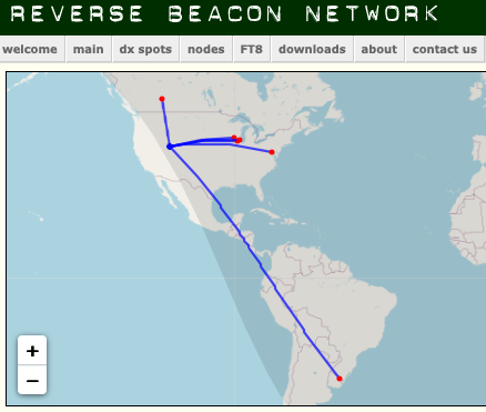 Mr_Cade's tweet photo. My 5W CW signal on 17m got picked up in Uruguay. Such a cool mode! Shoutout to the RBN! #HamRadio #AmateurRadio https://t.co/xIbmjDyIfS