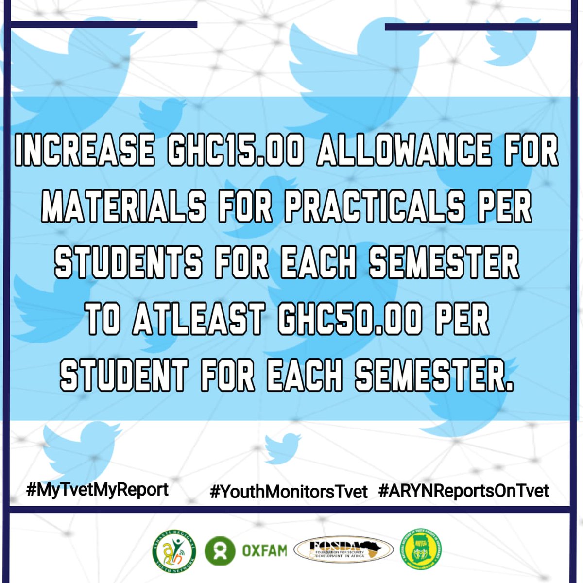 Florence Agyemang (@florieagyemang1) on Twitter photo Increase GHC15.00 allowance for material for practicals per students for each semester to atleast GHC50.00 per student for each semester.
<a href="/fosdagh/">Fosda Ghana</a> <a href="/oxfaminghana/">Oxfam in Ghana</a> <a href="/MoF_Ghana/">Ministry of Finance, Ghana</a> <a href="/Citi973/">CITI FM 97.3</a> <a href="/NAkufoAddo/">Nana Akufo-Addo</a> <a href="/ctvetgh/">Commission for TVET Ghana</a> <a href="/NNYOG_GH/">National Network of Youth Group</a>
#MyTvetMyReport
#YouthMonitorsTvet
#ARYNReportsOnTvet
#YPI4Change Increase GHC15.00 allowance for material for practicals per students for each semester to atleast GHC50.00 per student for each semester.
<a href="/fosdagh/">Fosda Ghana</a> <a href="/oxfaminghana/">Oxfam in Ghana</a> <a href="/MoF_Ghana/">Ministry of Finance, Ghana</a> <a href="/Citi973/">CITI FM 97.3</a> <a href="/NAkufoAddo/">Nana Akufo-Addo</a> <a href="/ctvetgh/">Commission for TVET Ghana</a> <a href="/NNYOG_GH/">National Network of Youth Group</a>
#MyTvetMyReport
#YouthMonitorsTvet
#ARYNReportsOnTvet
#YPI4Change
