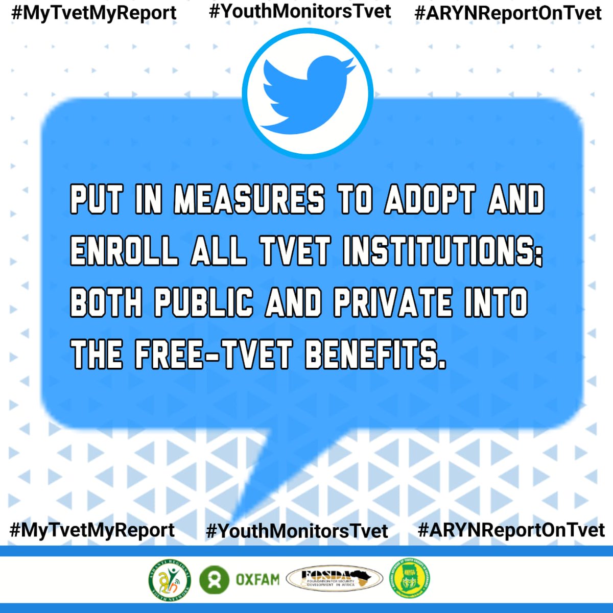 Florence Agyemang (@florieagyemang1) on Twitter photo Put in measure to adopt and enroll all tvet institutions; both public and private to the Free-TVET benefits.
<a href="/fosdagh/">Fosda Ghana</a> <a href="/oxfaminghana/">Oxfam in Ghana</a> <a href="/MoF_Ghana/">Ministry of Finance, Ghana</a> <a href="/Citi973/">CITI FM 97.3</a> <a href="/NAkufoAddo/">Nana Akufo-Addo</a> <a href="/ctvetgh/">Commission for TVET Ghana</a> <a href="/oyerepaofficial/">Oyerepa TV/FM</a> <a href="/NNYOG_GH/">National Network of Youth Group</a> <a href="/NRYN_GH/">Northern Regional Youth Network</a>
#MyTvetMyReport
#YouthMonitorsTvet
#ARYNReportsOnTvet
#YPI4Change Put in measure to adopt and enroll all tvet institutions; both public and private to the Free-TVET benefits.
<a href="/fosdagh/">Fosda Ghana</a> <a href="/oxfaminghana/">Oxfam in Ghana</a> <a href="/MoF_Ghana/">Ministry of Finance, Ghana</a> <a href="/Citi973/">CITI FM 97.3</a> <a href="/NAkufoAddo/">Nana Akufo-Addo</a> <a href="/ctvetgh/">Commission for TVET Ghana</a> <a href="/oyerepaofficial/">Oyerepa TV/FM</a> <a href="/NNYOG_GH/">National Network of Youth Group</a> <a href="/NRYN_GH/">Northern Regional Youth Network</a>
#MyTvetMyReport
#YouthMonitorsTvet
#ARYNReportsOnTvet
#YPI4Change