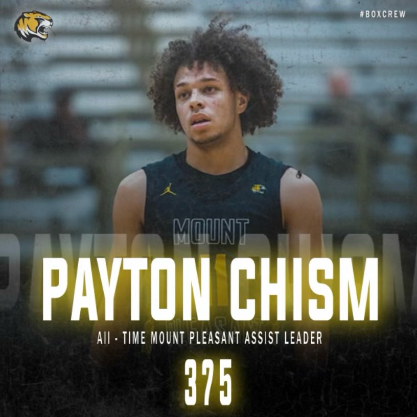 mptigerbskb's tweet photo. Tiger guard @chism_payton has become the all-time assist leader for Mt Pleasant. He has been a model of consistency for the Tigers averaging 3.5 assists/game &amp; has recorded 10 assists/game twice in his career. This season, Chism is averaging a career-best 4.5 assists/game. https://t.co/5YaWmaskpq