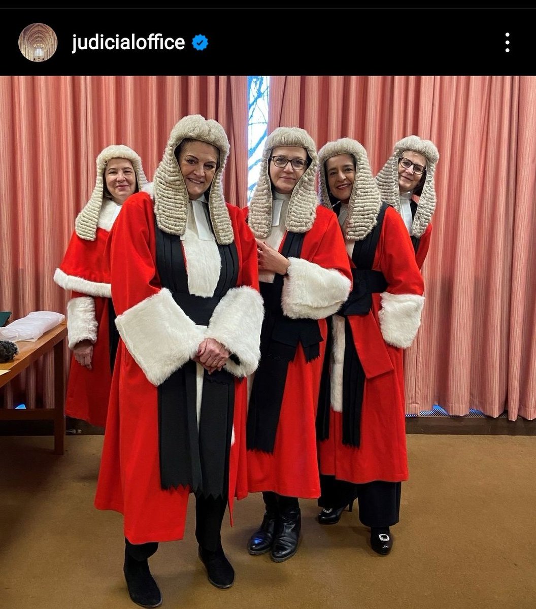 Terrific picture from the Judicial Office Insta account. Mrs Justice May, Mrs Justice Foster, Mrs Justice Eady, Mrs Justice Cheema-Grubb, Mrs Justice Arbuthnot. In ceremonial dress but I think they look rather festive.