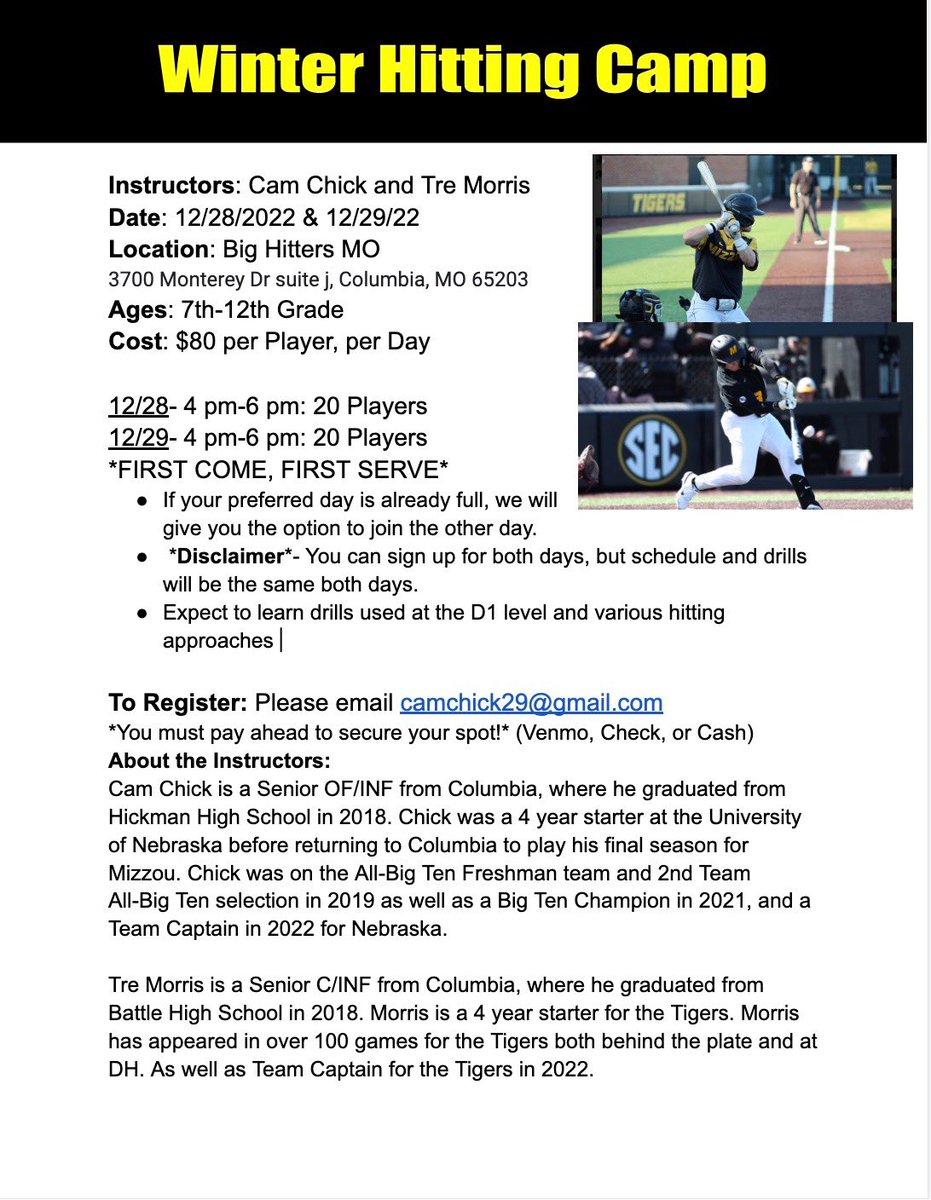 Tre10__'s tweet photo. Excited to host our first hitting camp! Ages 7th-12th grade! DM if interested! @CChick_13 @BigHittersMo https://t.co/BscdcEDGl8