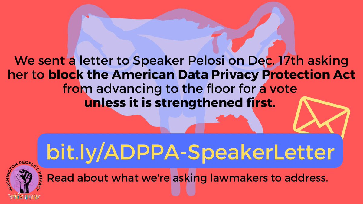 wapeopleprivacy's tweet photo. On Dec. 17th, we sent a letter 💌 to @SpeakerPelosi asking her not to advance #ADPPA to the floor for a vote unless strengthened first. 💖 Read our Press Release &amp; letter here: https://t.co/LA0kmR6j39 https://t.co/sj4Johq7bj